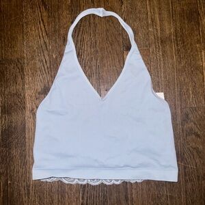 beautiful baby/powder blue halter top with a lacey open back!